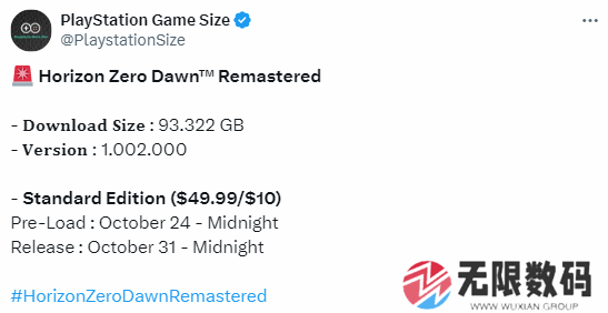 《地平线：零之曙光复刻版》容量公布，10月24日开放预载